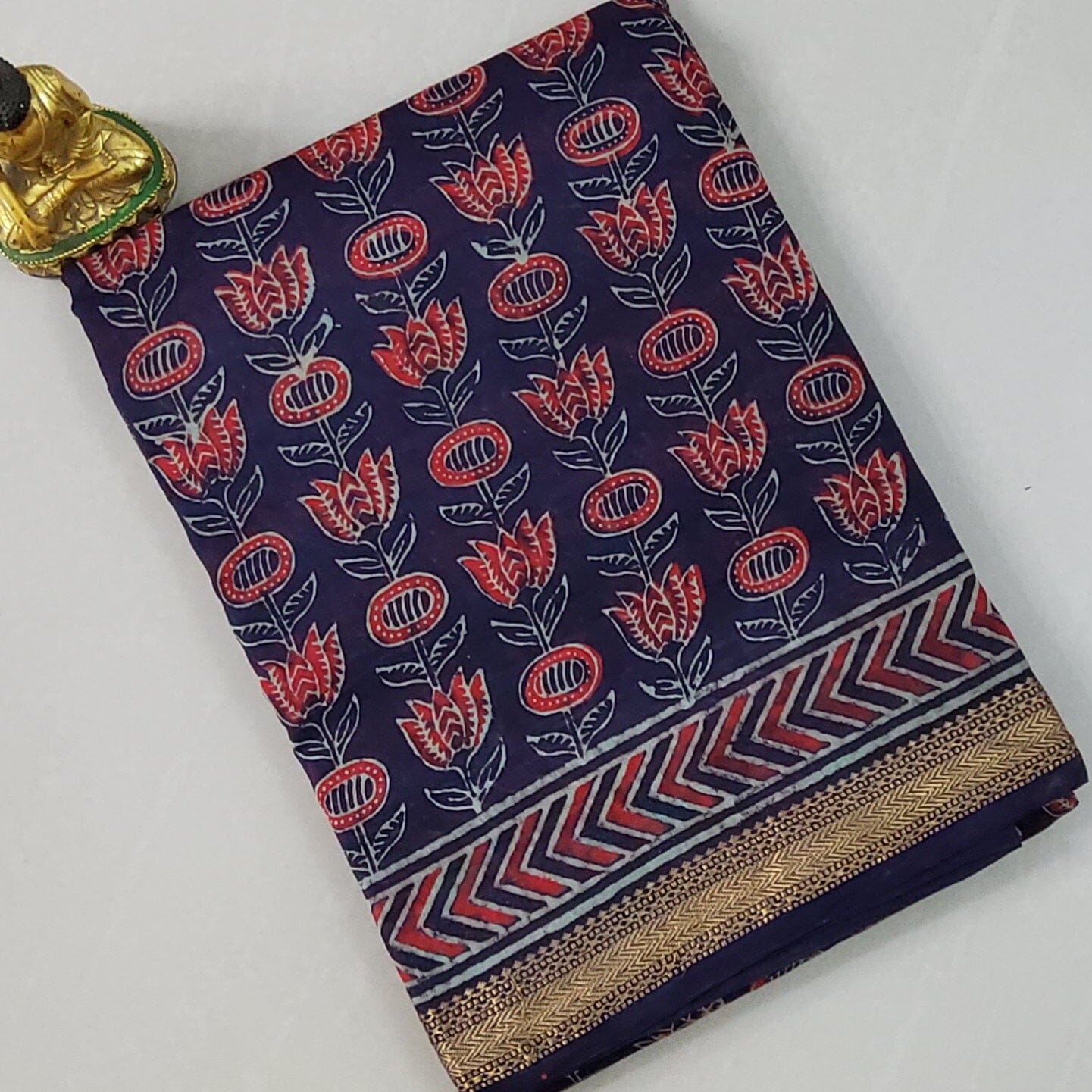 Hand Block Print Maheshwari Silk Saree with Gold zari Border