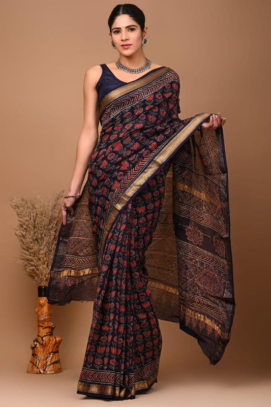 Hand Block Print Maheshwari Silk Saree with Gold zari Border