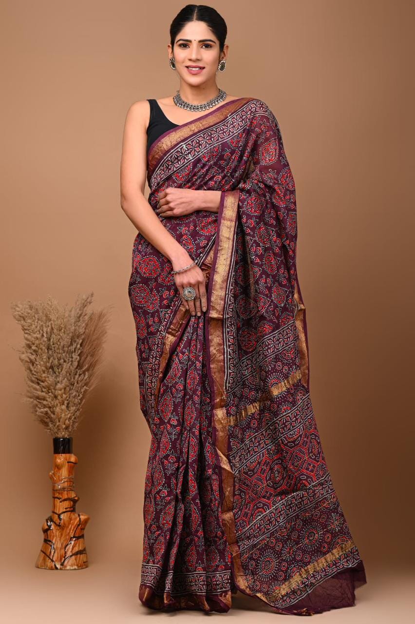 Hand Block Print Maheshwari Silk Saree with Gold zari Border