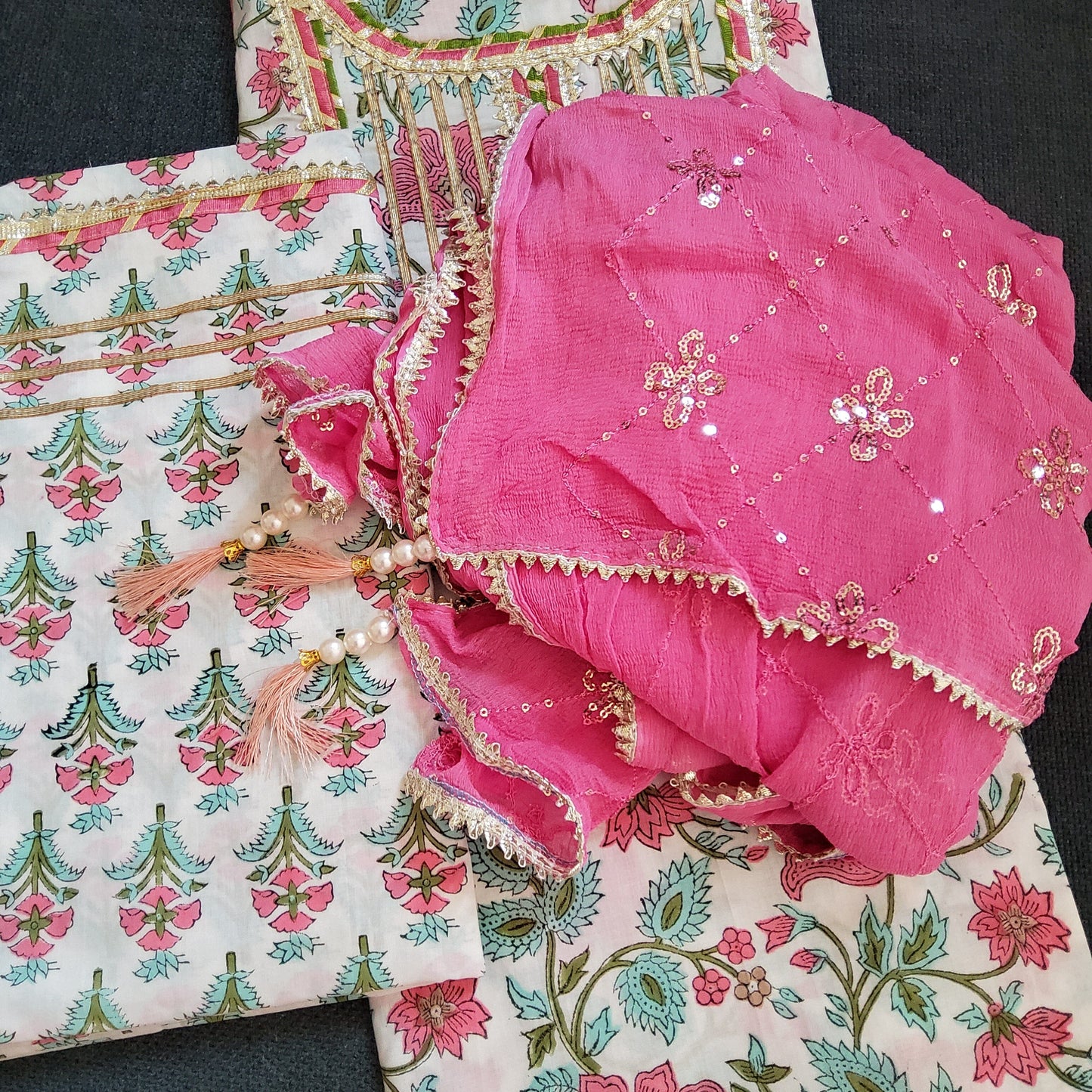Hand Block Print Cotton Dress Material with Pure Chiffon Embroidered Dupatta