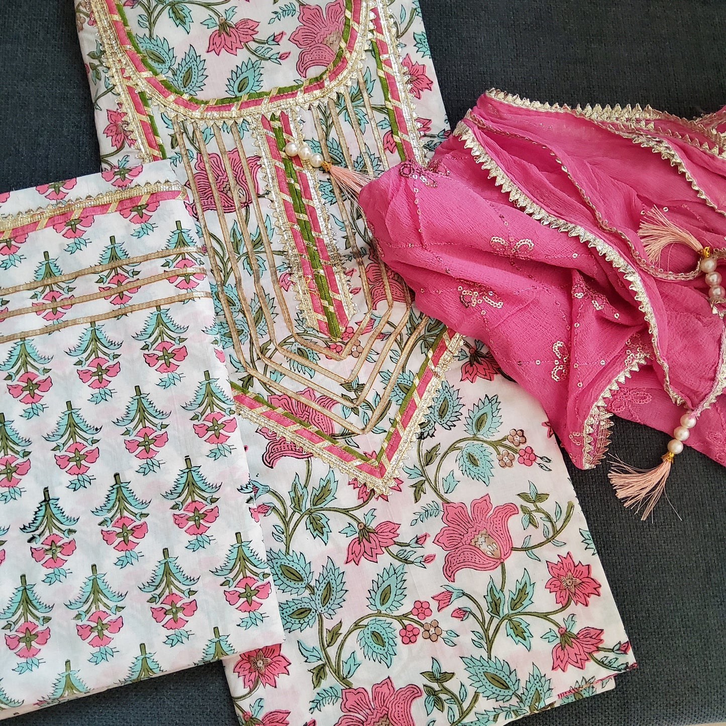 Hand Block Print Cotton Dress Material with Pure Chiffon Embroidered Dupatta