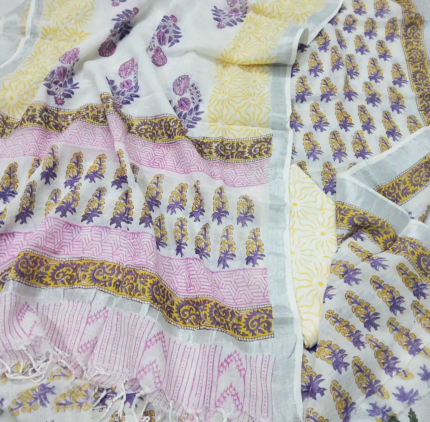 Hand Bock Print Slub Linen Dress Material