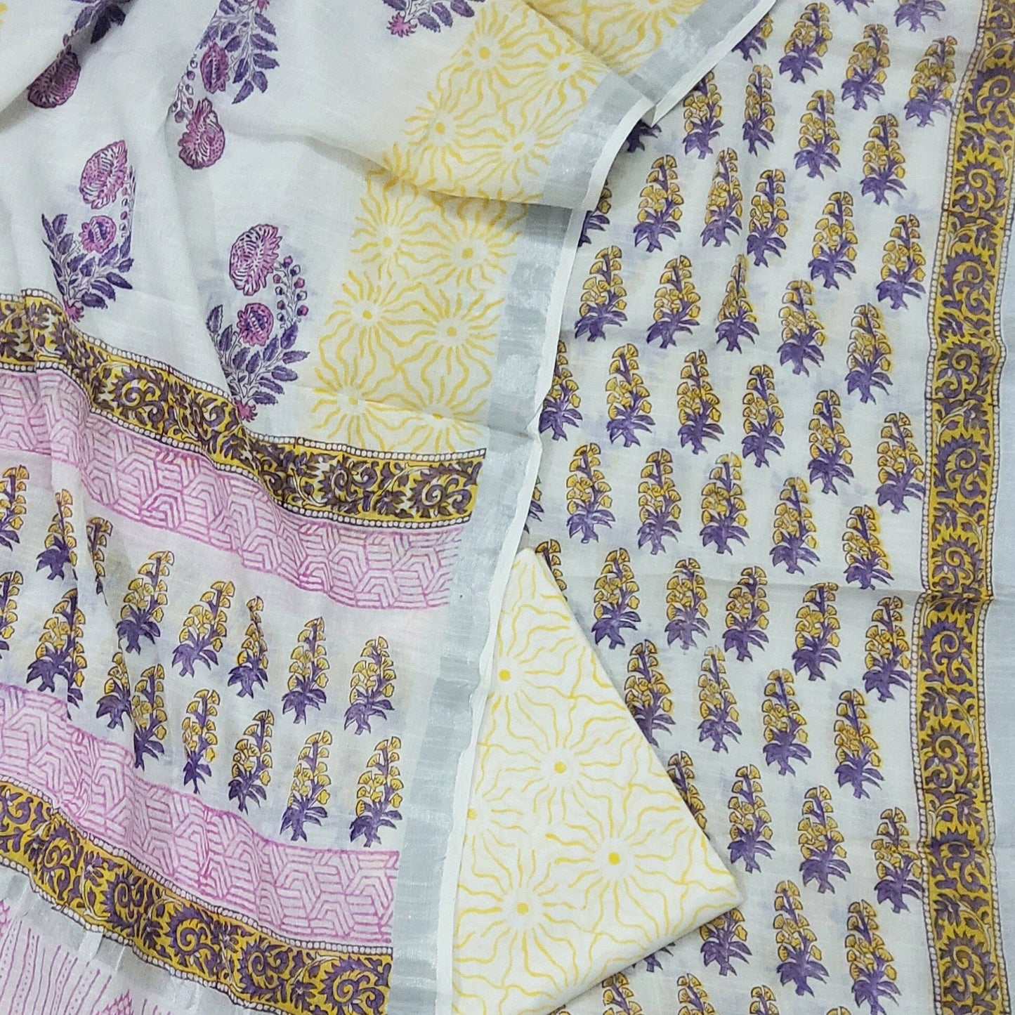 Hand Bock Print Slub Linen Dress Material