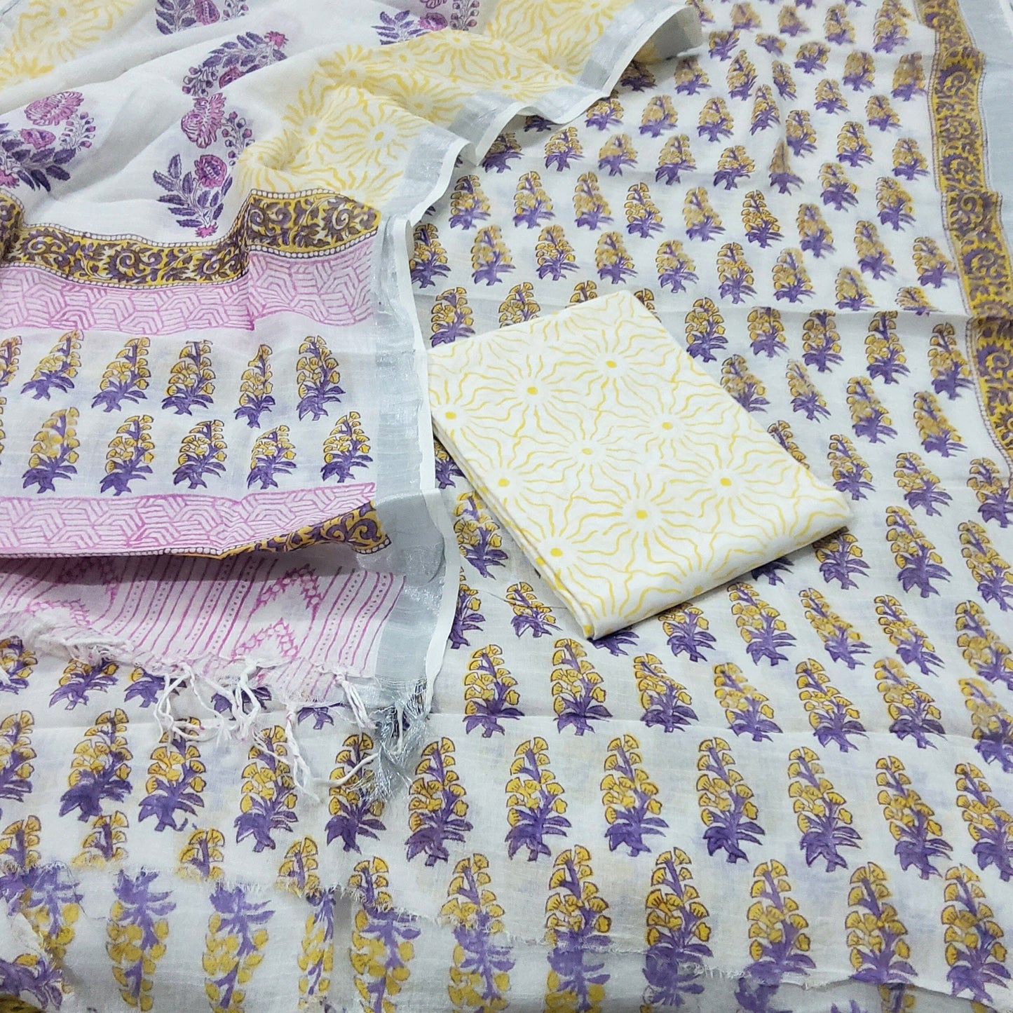 Hand Bock Print Slub Linen Dress Material