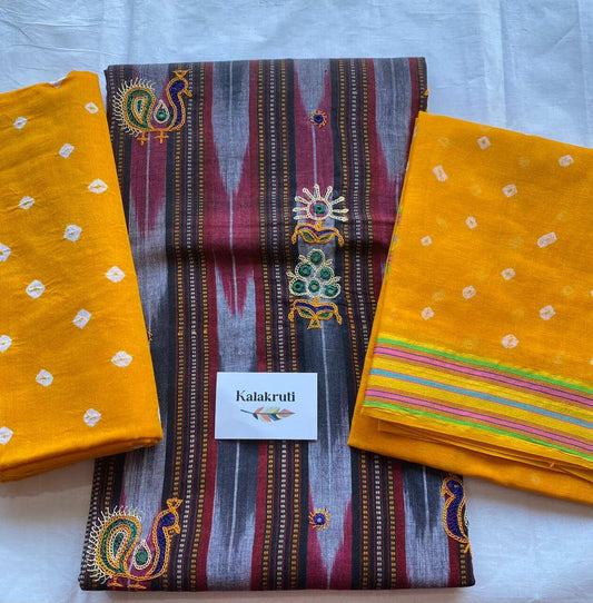 Ikat cotton Dress Material with unique Kutch Rabari embroidery
