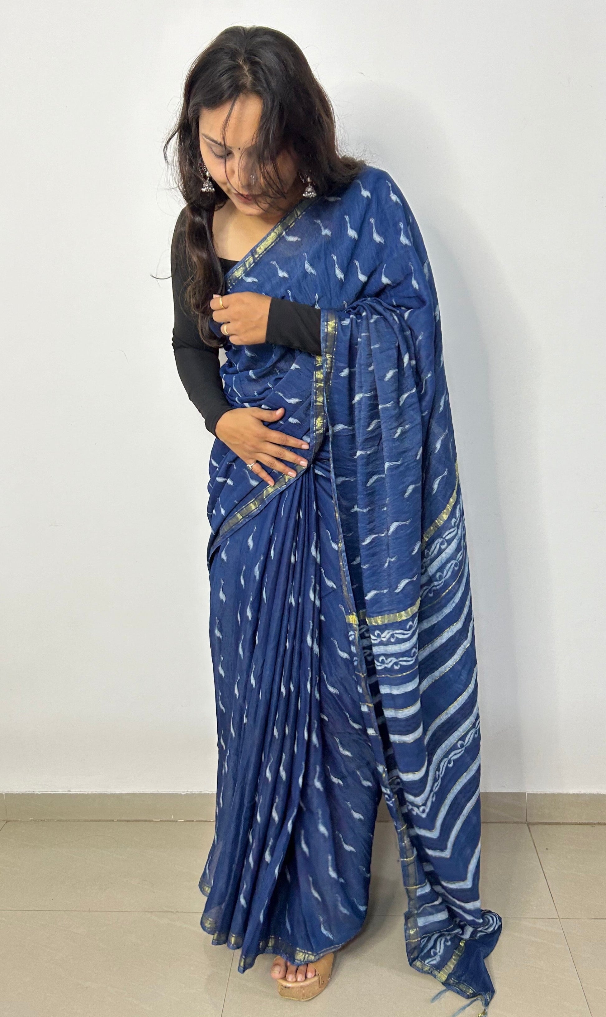 Indigo Akola Hand Block Print Chanderi Saree