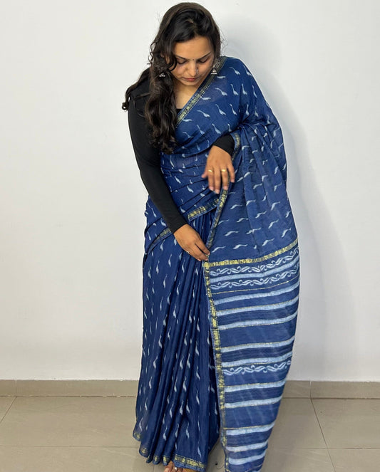 Indigo Akola Hand Block Print Chanderi Saree