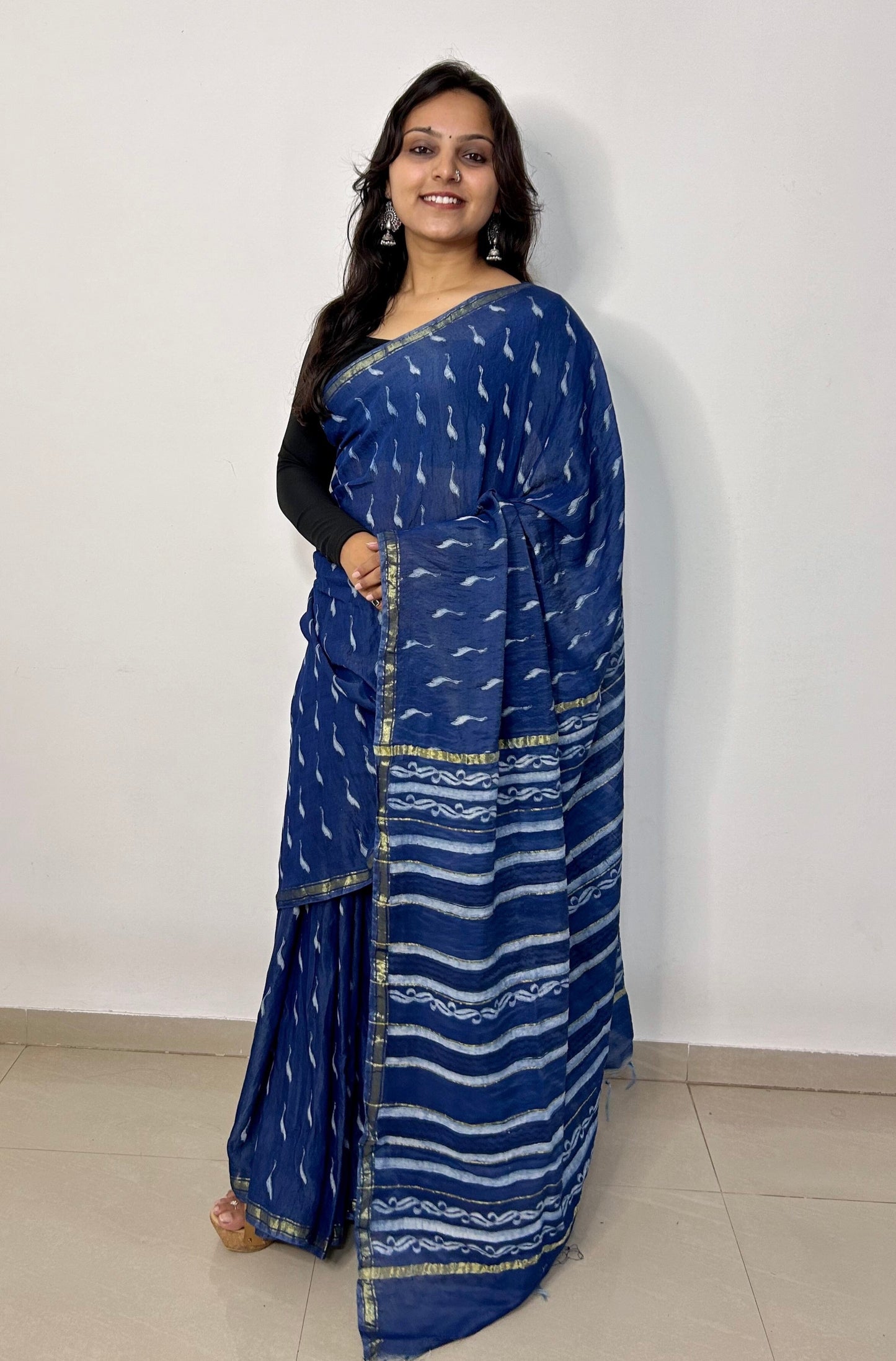 Indigo Akola Hand Block Print Chanderi Saree