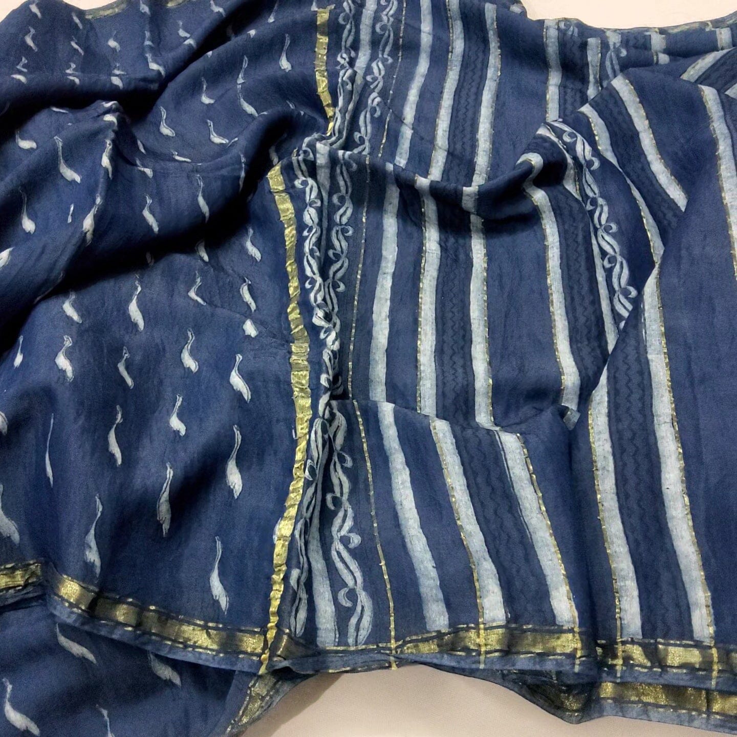 Indigo Akola Hand Block Print Chanderi Saree