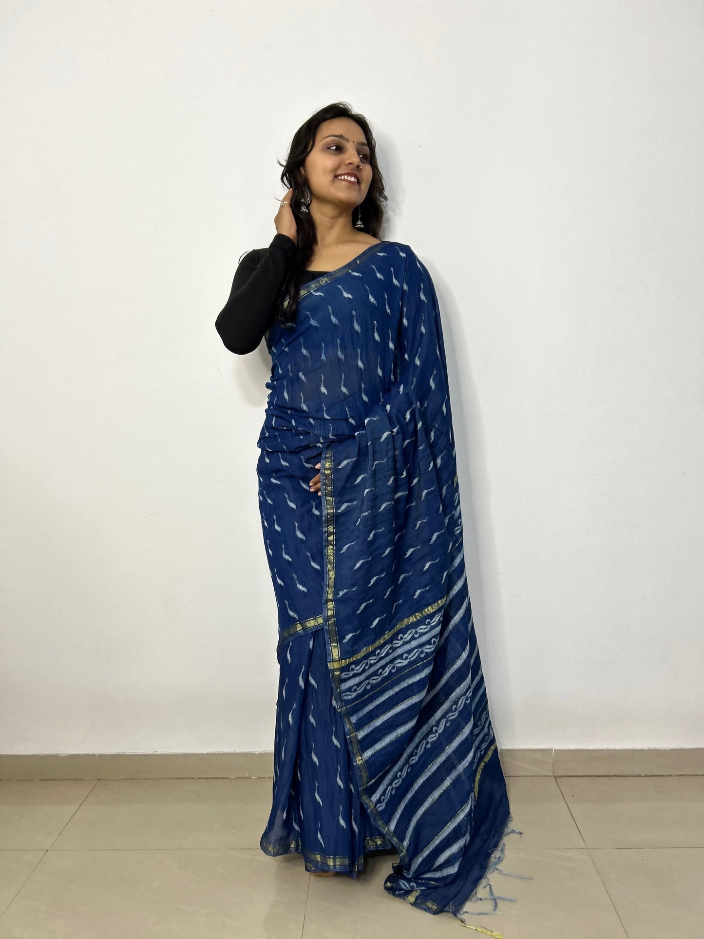 Indigo Akola Hand Block Print Chanderi Saree