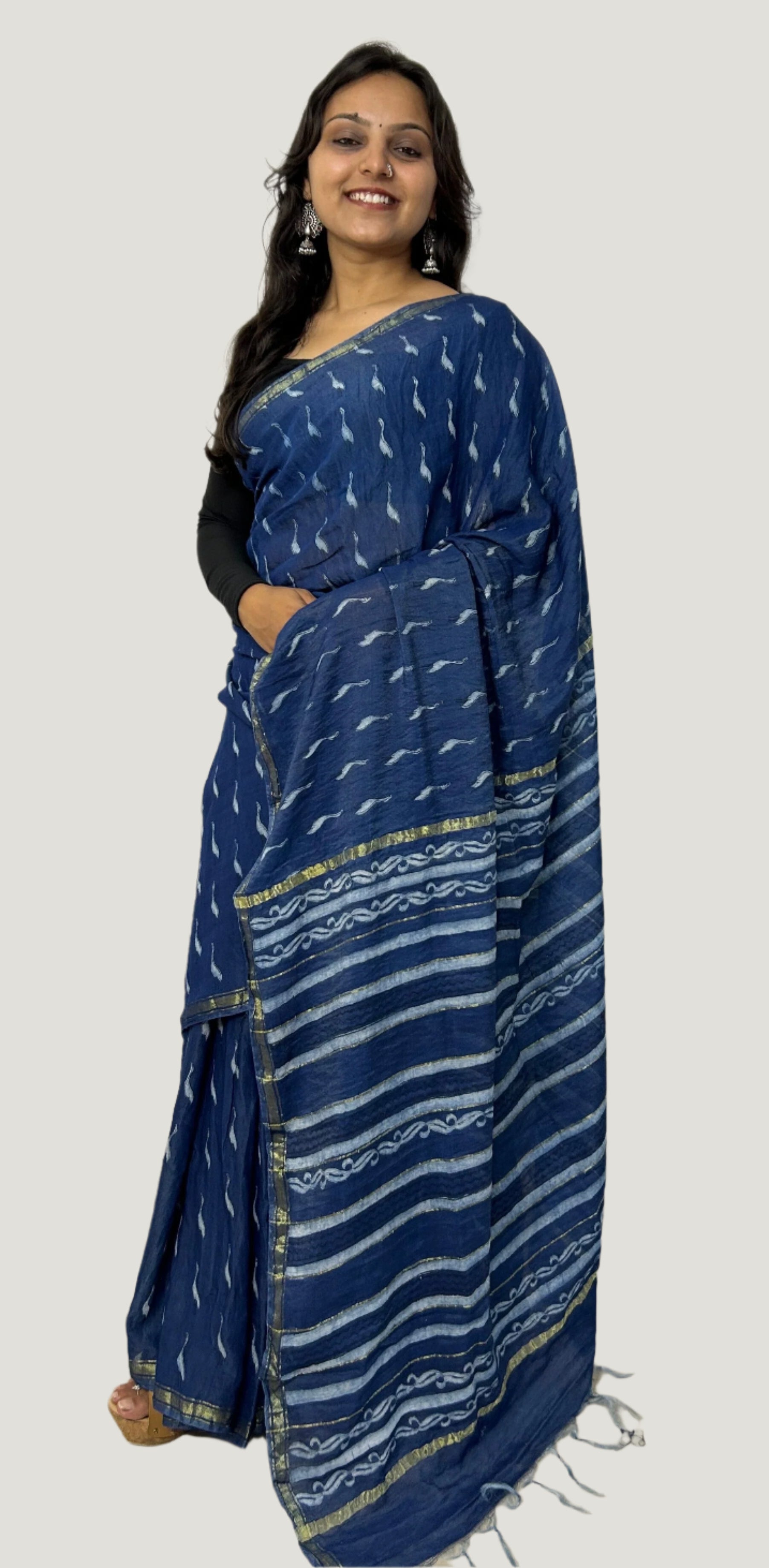 Indigo Akola Hand Block Print Chanderi Saree