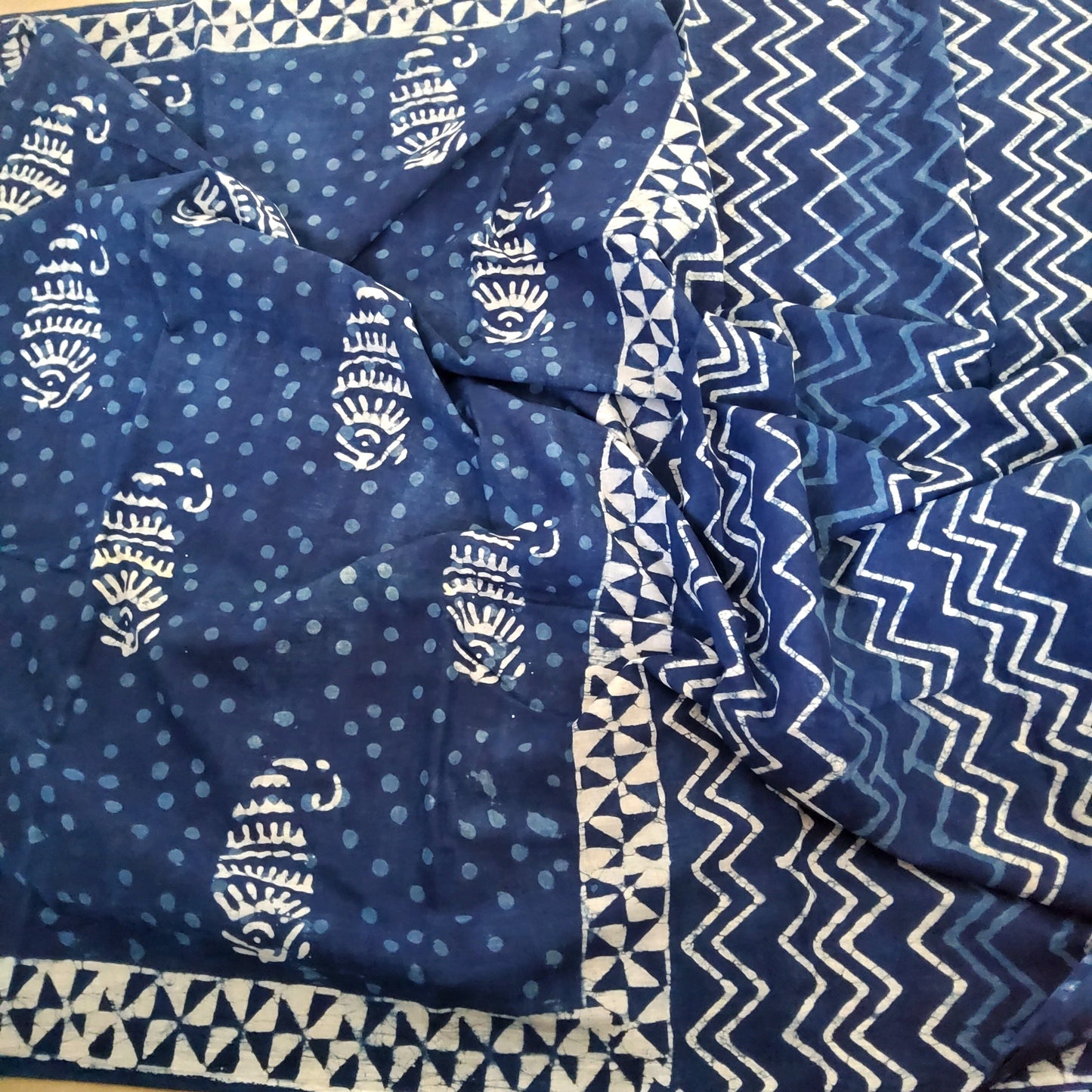 Indigo Bagru Block Print Cotton Saree with Blouse