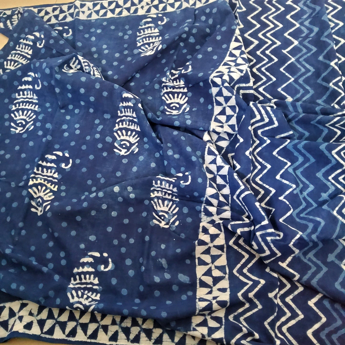 Indigo Bagru Block Print Cotton Saree with Blouse