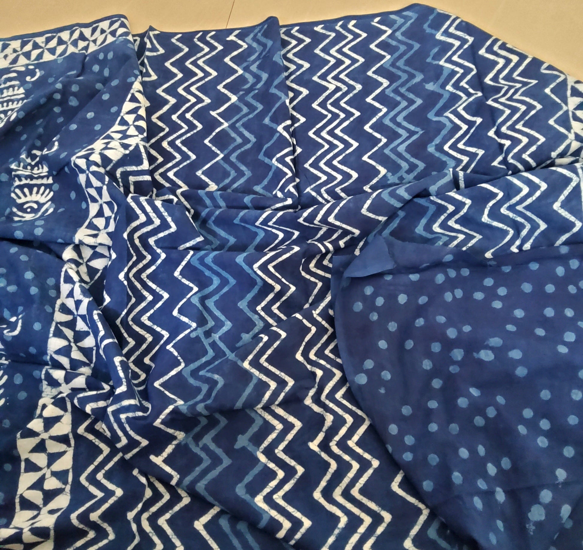 Indigo Bagru Block Print Cotton Saree with Blouse