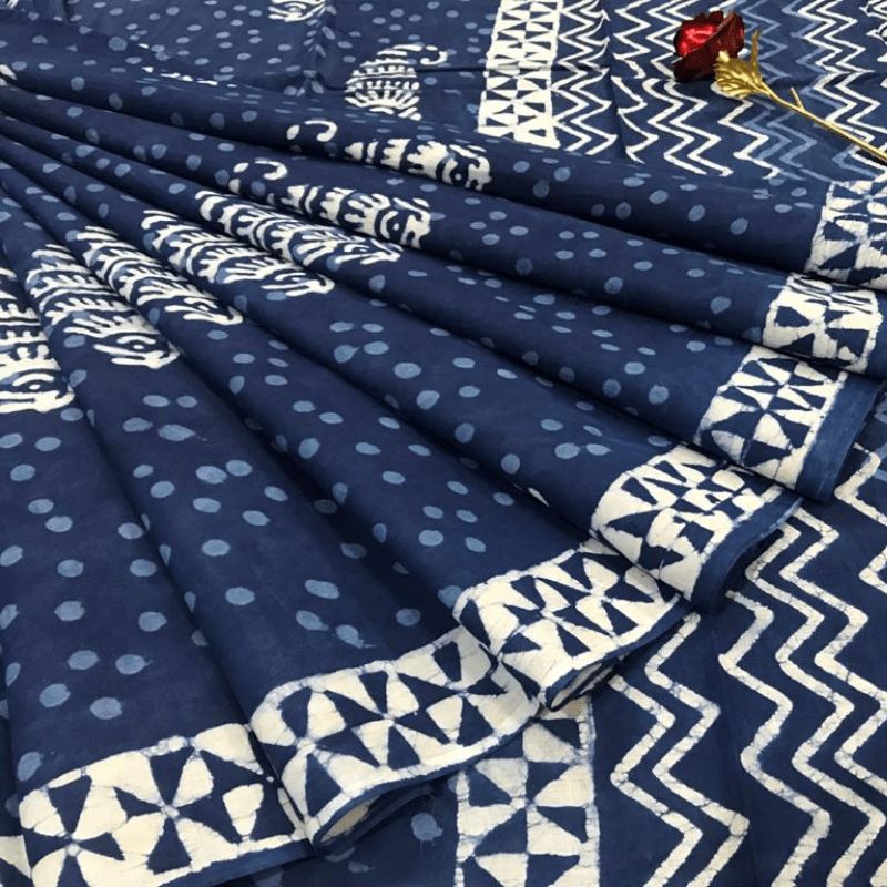 Indigo Bagru Printed Cotton Saree with Blouse