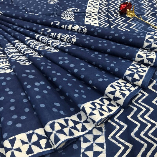 Indigo Bagru Printed Cotton Saree with Blouse