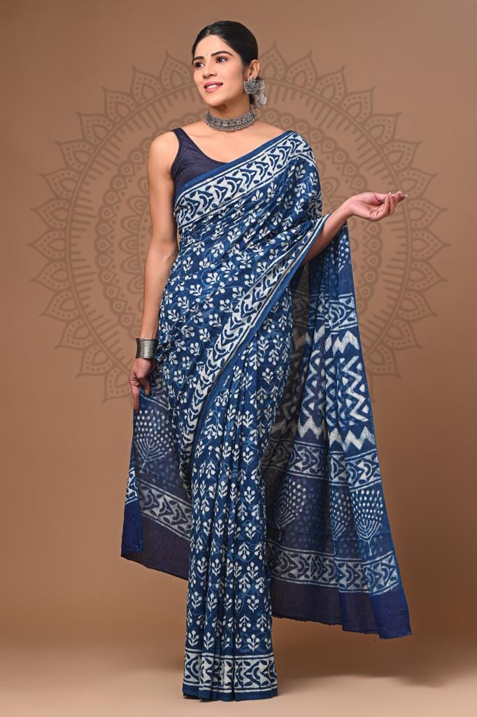 Indigo Cotton Block Print Saree with Blouse