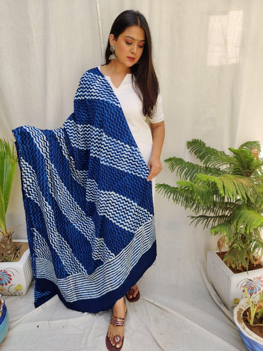 Indigo Hand Block Print Modal Silk Dupatta