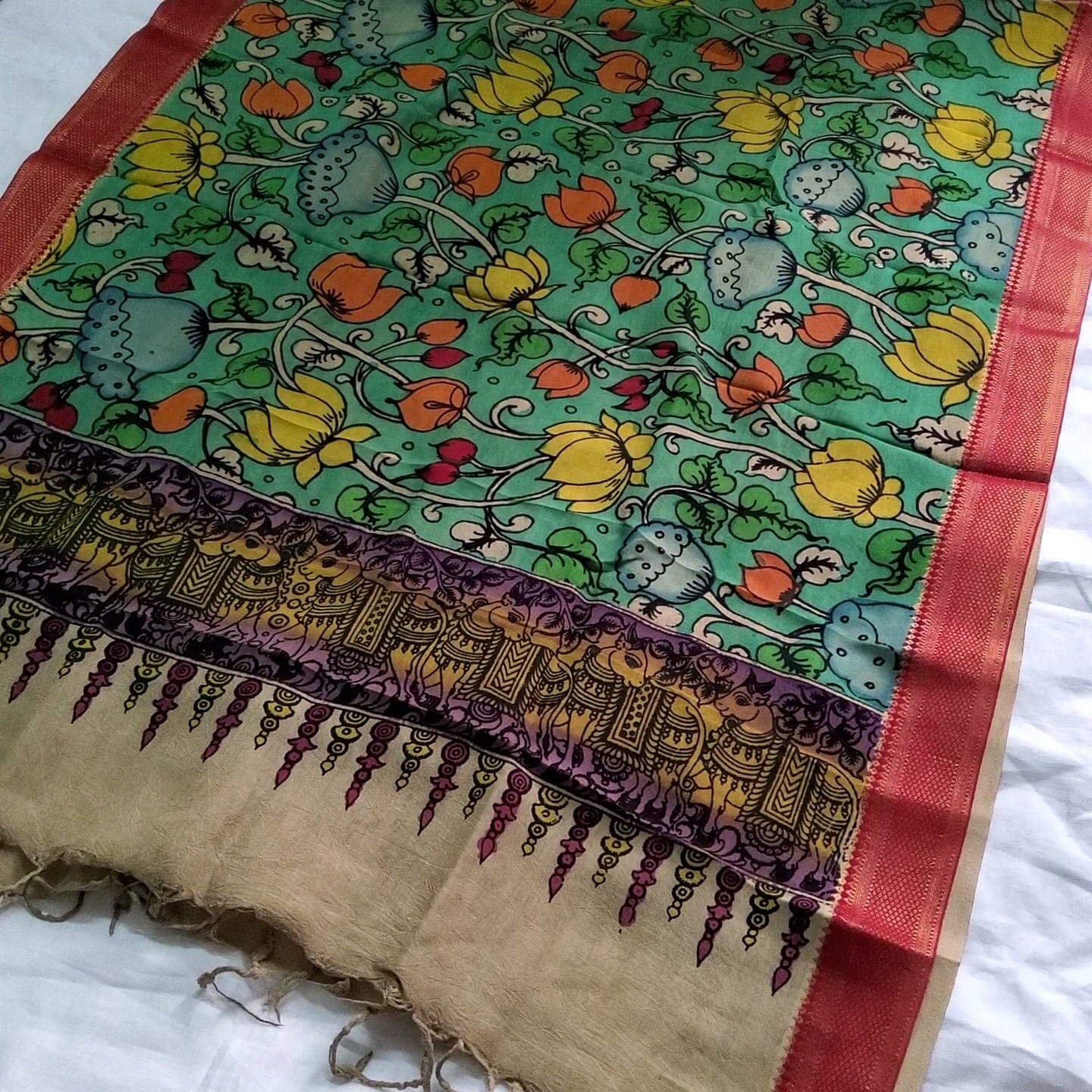 Bangalore Silk Kalamkari Hand Painted Dupatta