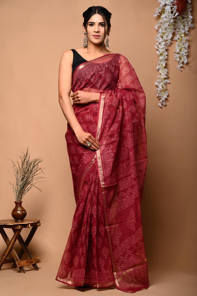 Kota Hand Block Print Saree with Blouse