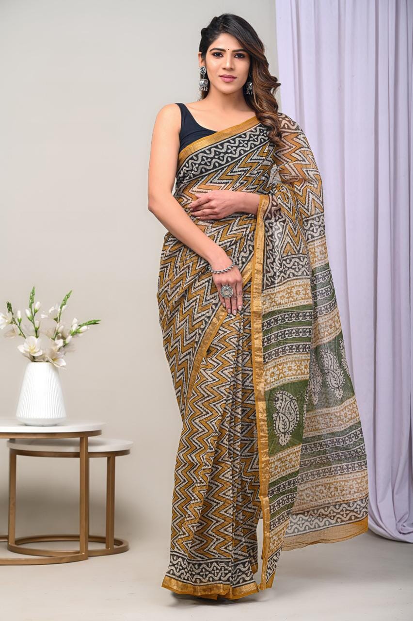 Kota Hand Block Print Saree with zari Border