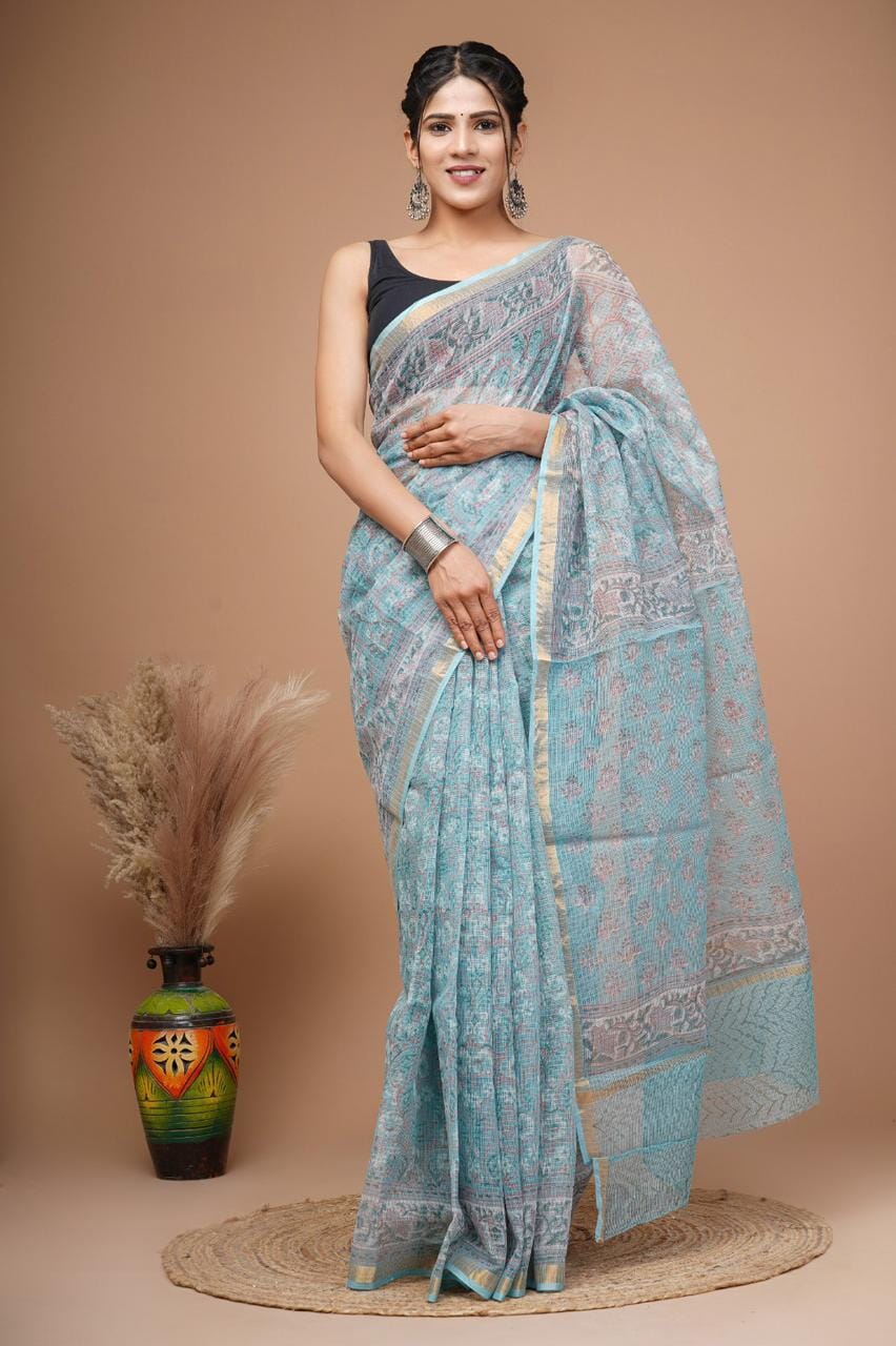 Kota Hand Block Print Saree with zari Border