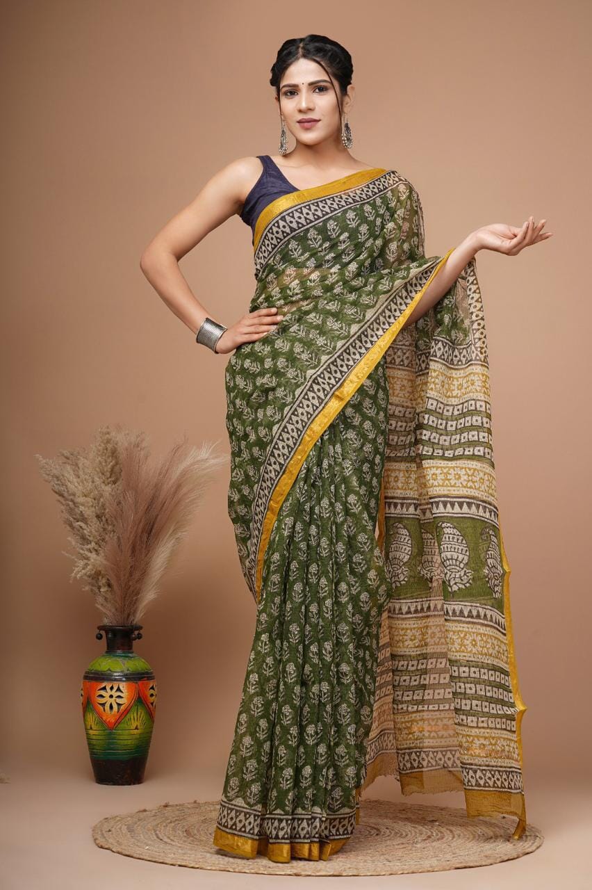 Kota Hand Block Print Saree with zari Border