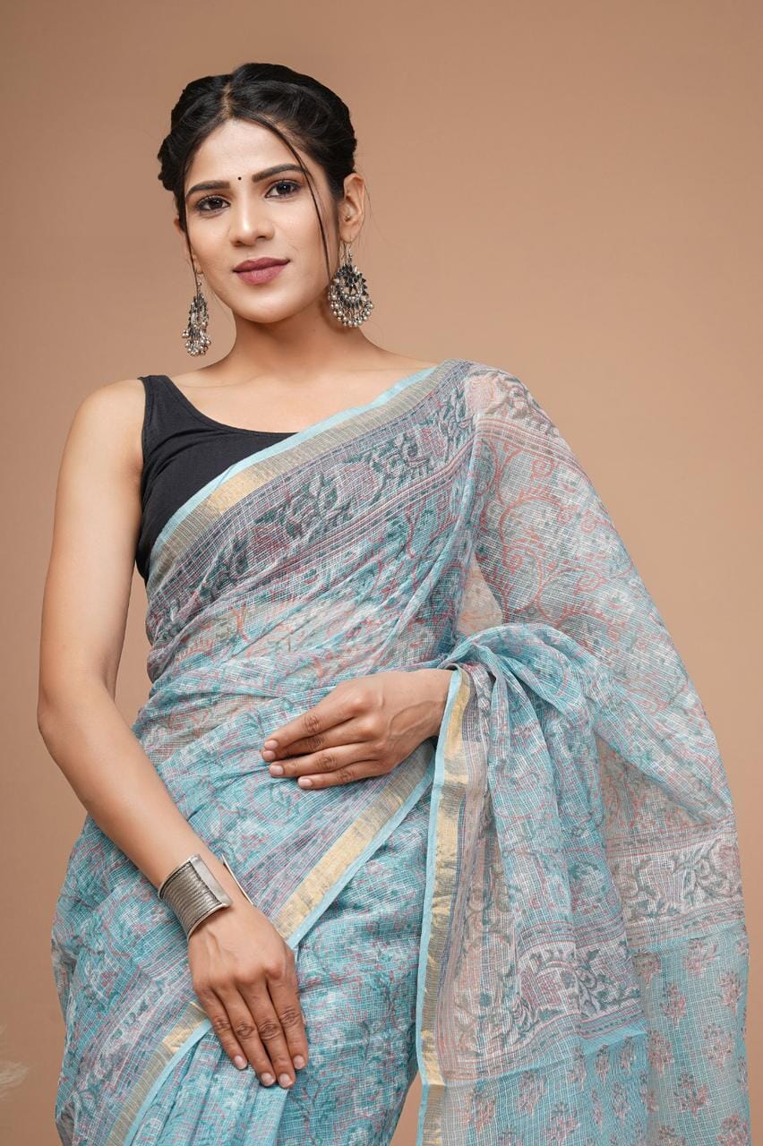 Kota Hand Block Print Saree with zari Border