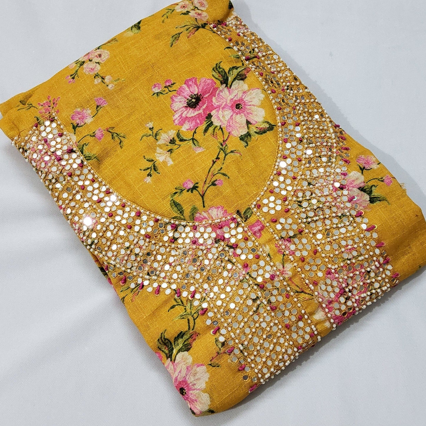 Linen Cotton Floral Print Dress Material with handwork