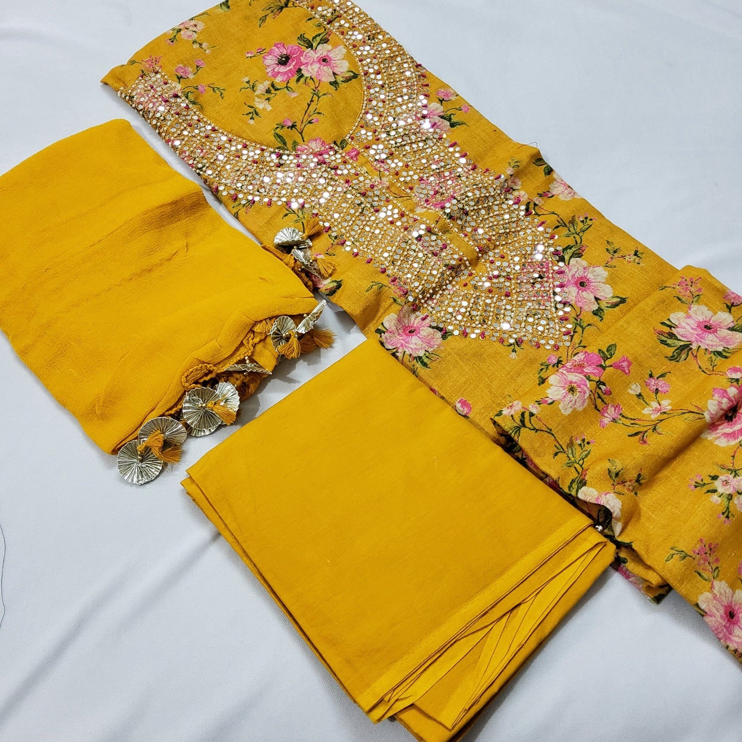 Linen Cotton Floral Print Dress Material with handwork
