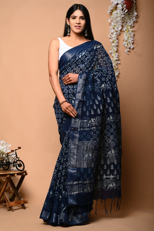 Linen Cotton Hand Block Printed Saree with Silver Border