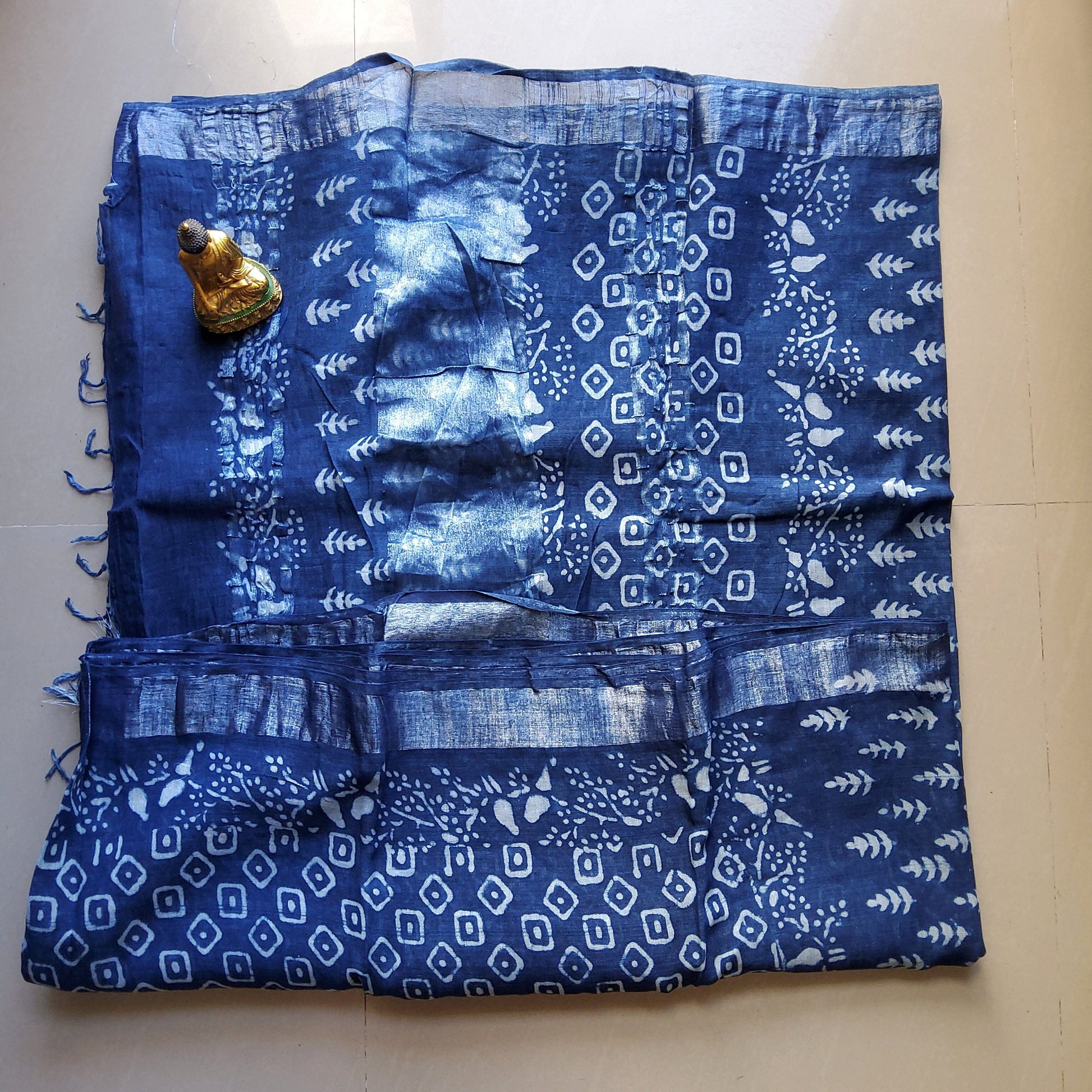 Linen Cotton Hand Block Printed Saree with Silver Border