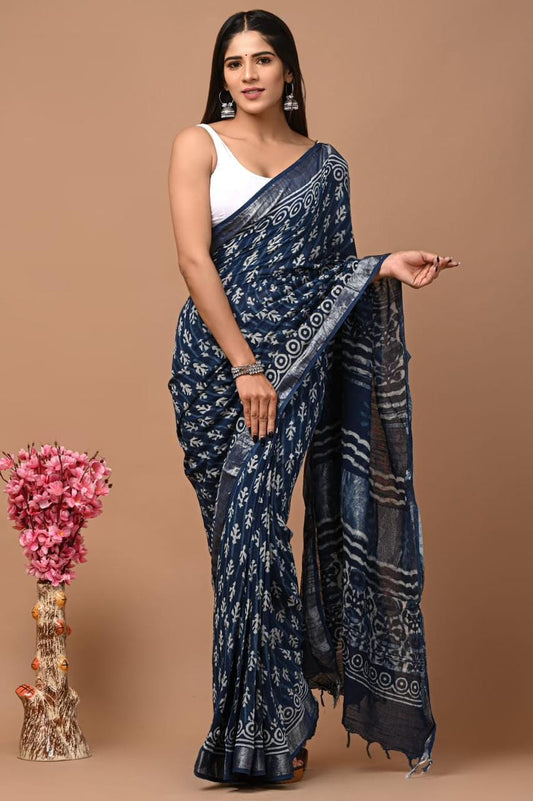 Linen Cotton Hand Block Printed Saree with Silver Border
