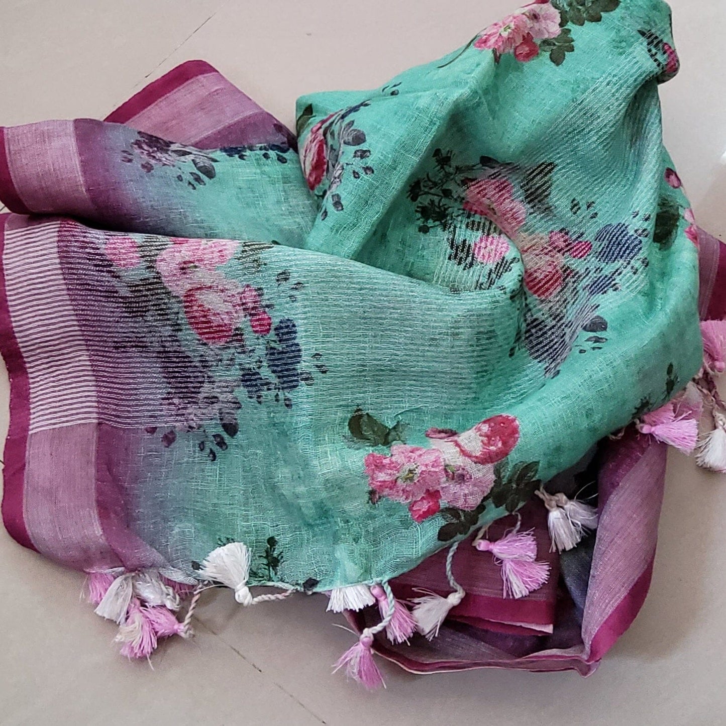 Linen Digital Print Dupatta with Silver Border