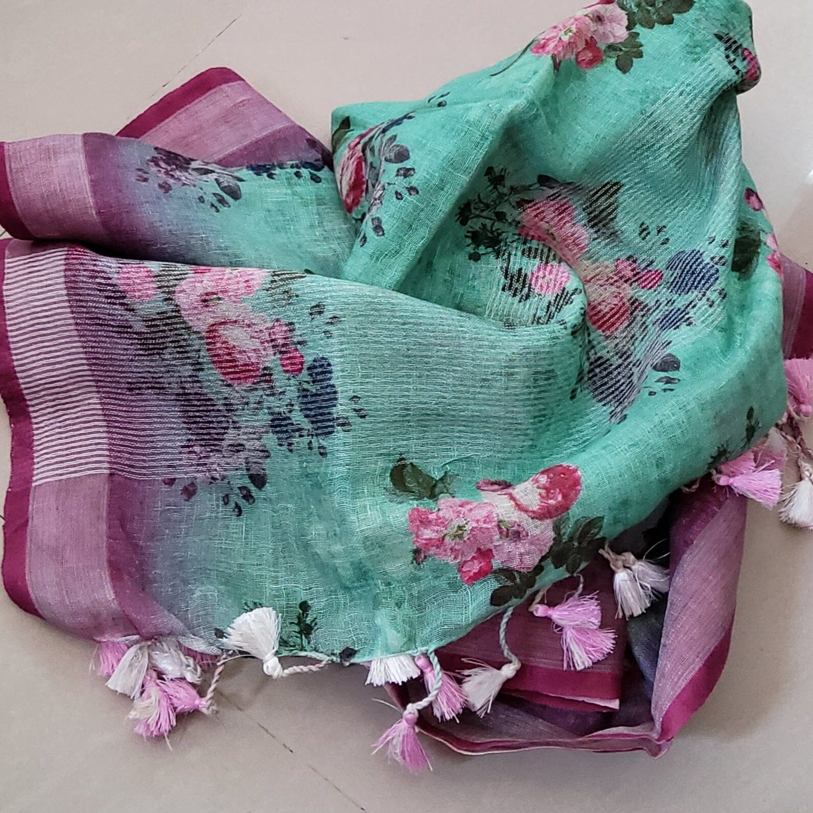 Linen Digital Print Dupatta with Silver Border