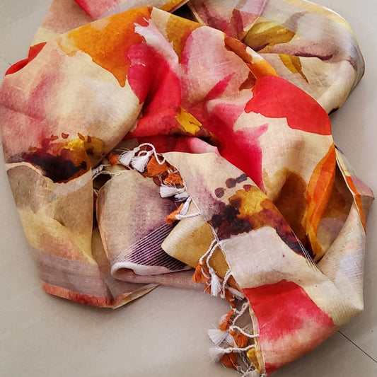 Linen Digital Print Dupatta with Silver Border