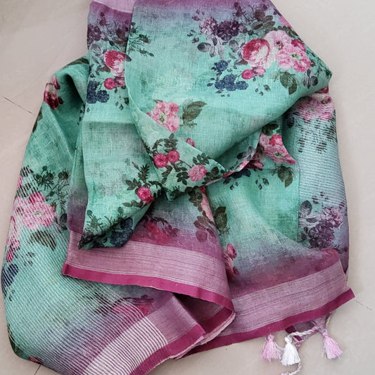 Linen Digital Print Dupatta with Silver Border