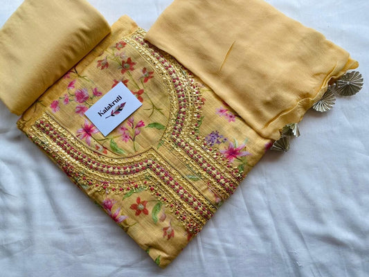 Linen floral print Dress Material with handwork