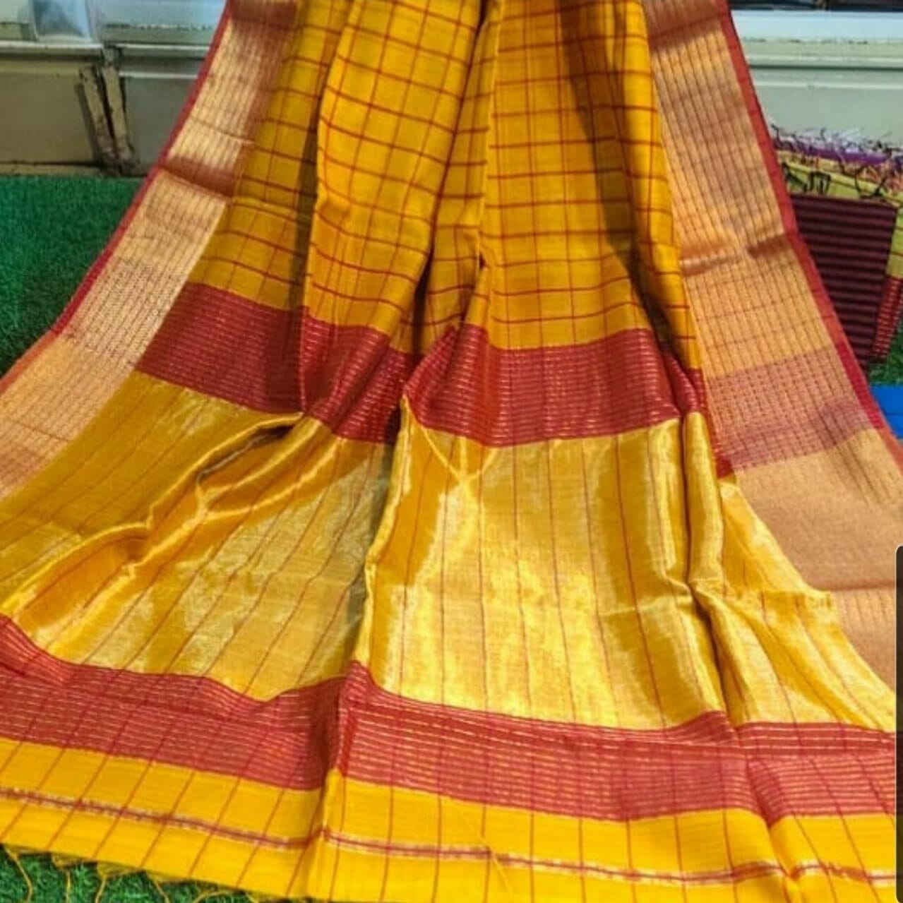 Yellow Maheshwari Handloom Saree with all over check in SALE