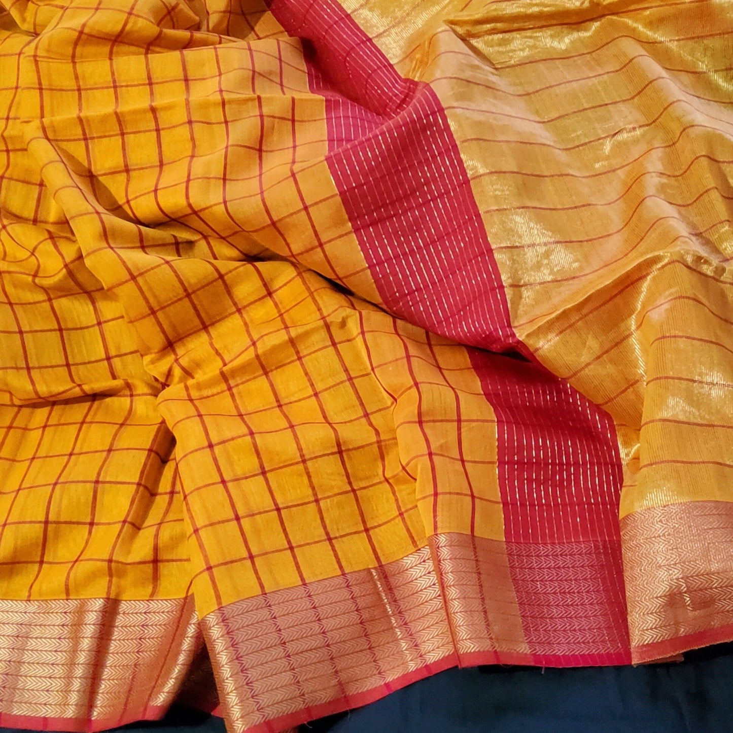Yellow Maheshwari Handloom Saree with all over check in SALE