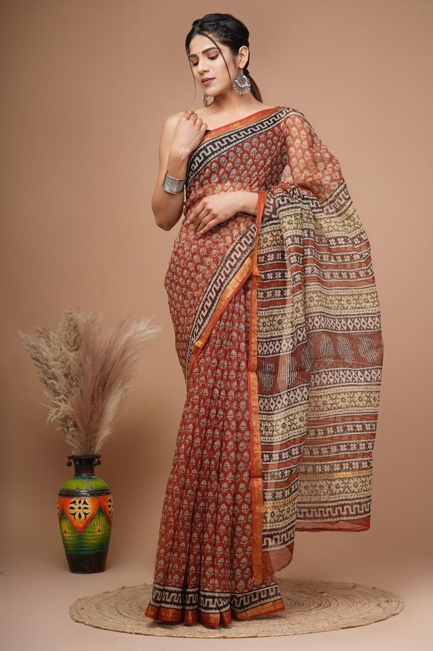 Kota Hand Block Print Saree with zari Border