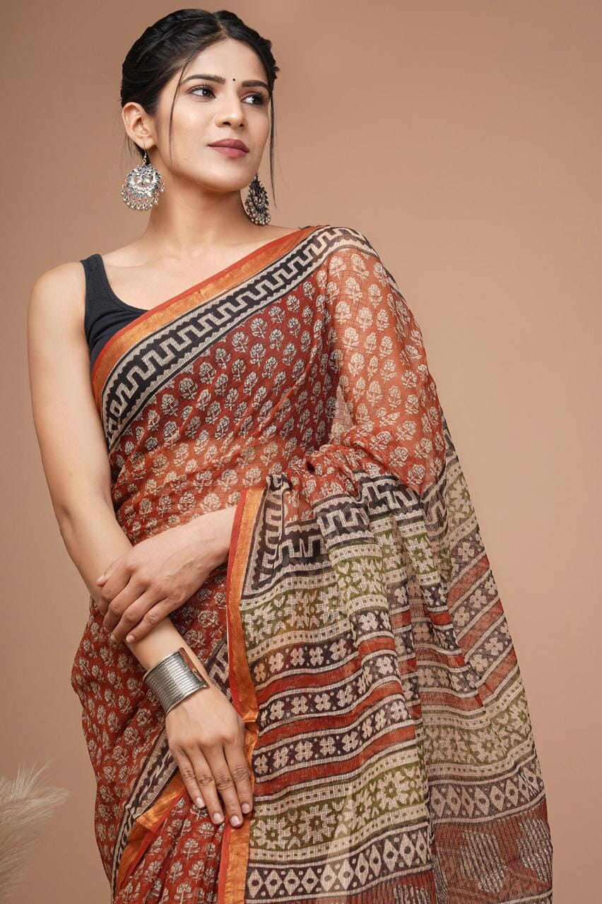 Kota Hand Block Print Saree with zari Border