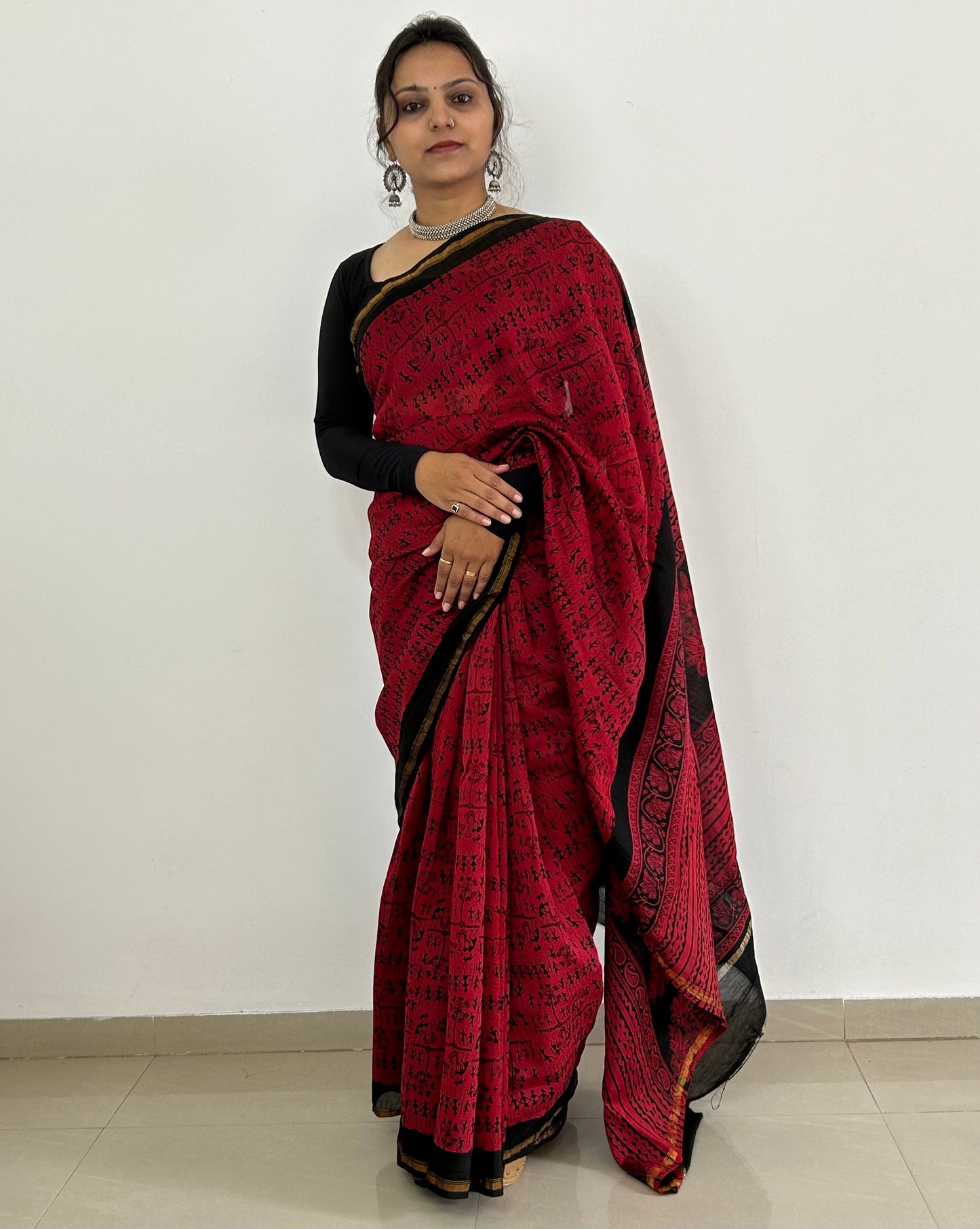 Maroon Maheshwari Silk Cotton Hand Blockprint Saree