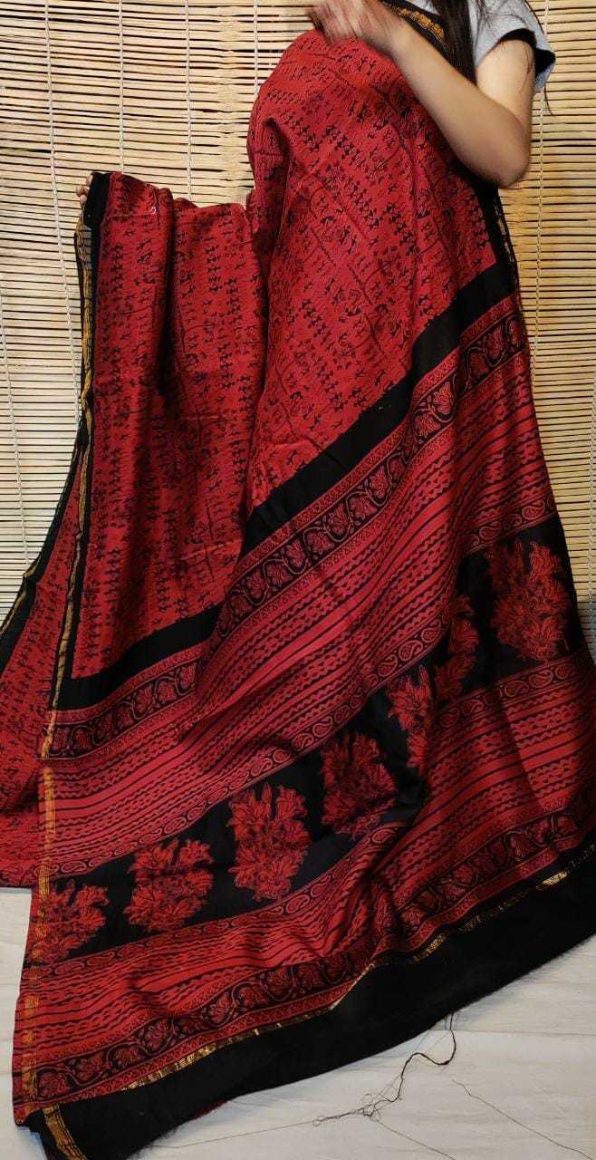 Maroon Maheshwari Silk Cotton Hand Blockprint Saree