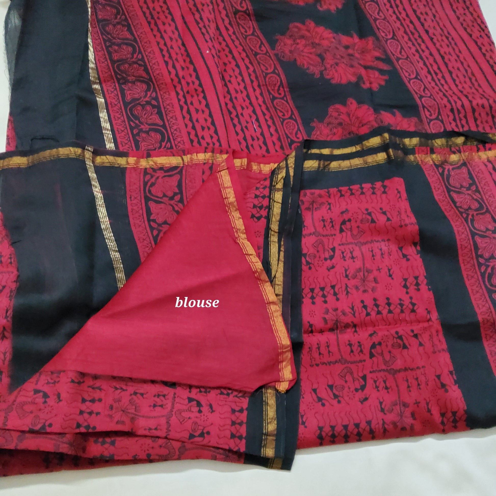 Maroon Maheshwari Silk Cotton Hand Blockprint Saree