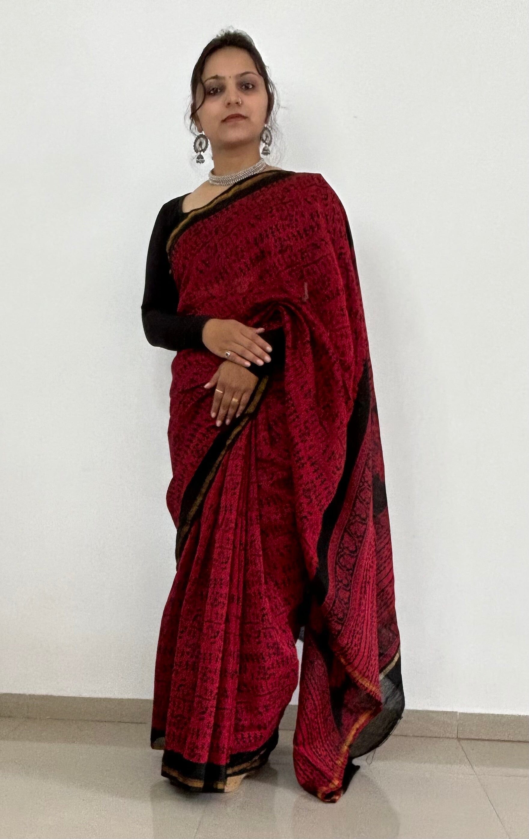 Maroon Maheshwari Silk Cotton Hand Blockprint Saree