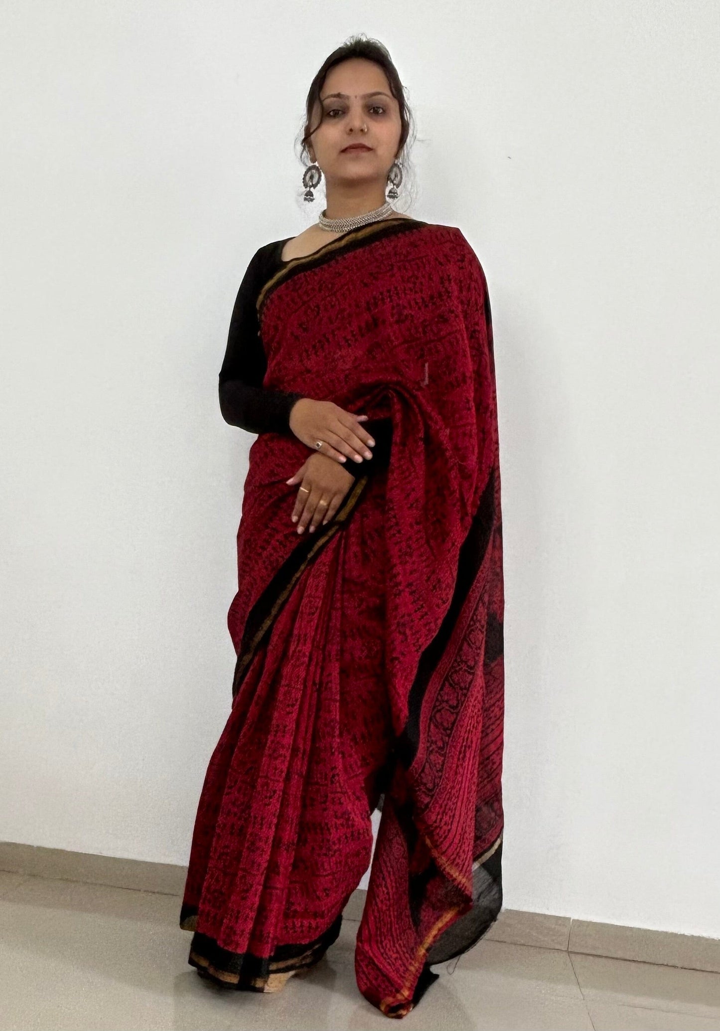 Maroon Maheshwari Silk Cotton Hand Blockprint Saree
