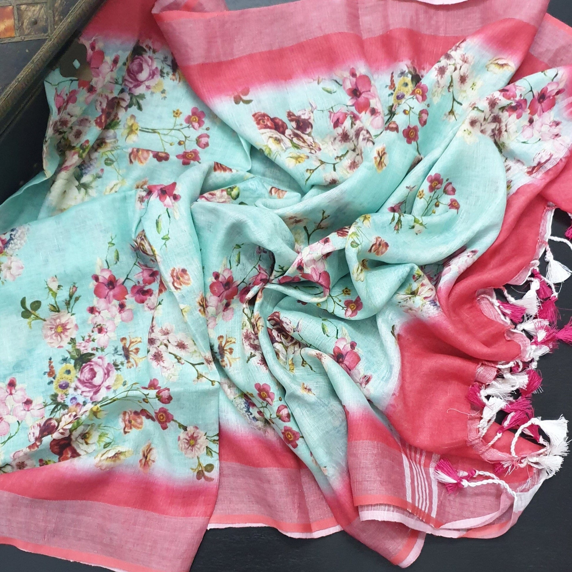 Pure Linen Digital Print Dupatta with Silver Border and Tassles