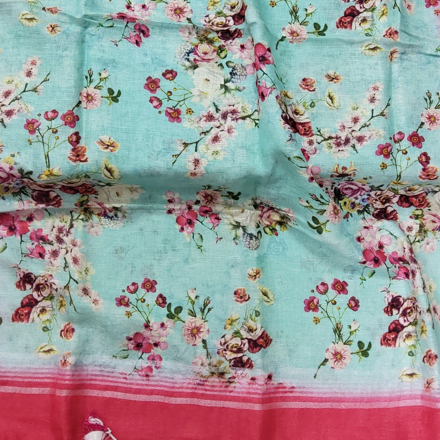 Pure Linen Digital Print Dupatta with Silver Border and Tassles