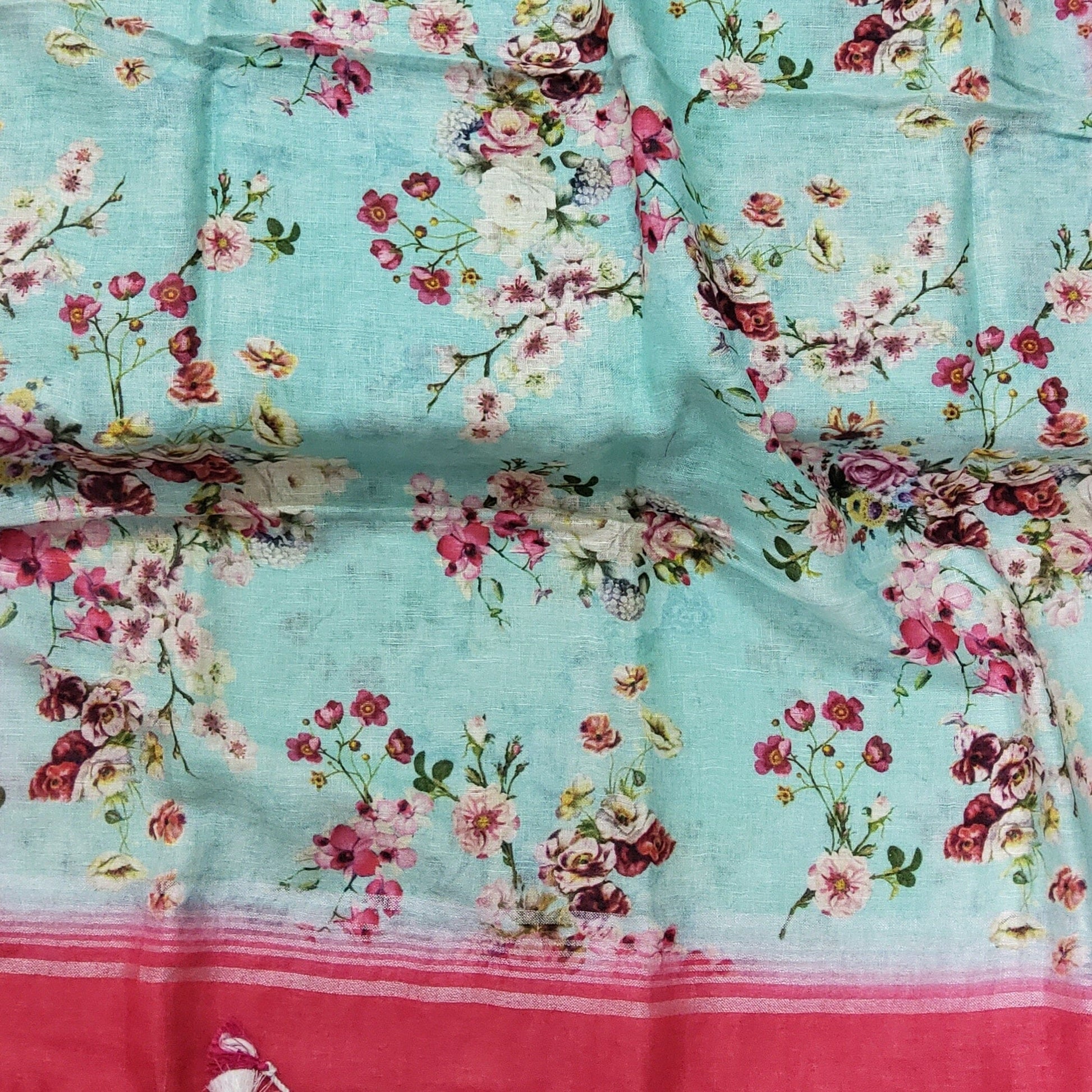 Pure Linen Digital Print Dupatta with Silver Border and Tassles